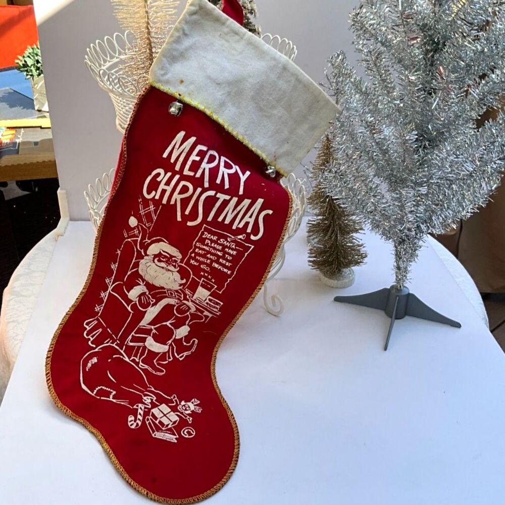 Vintage 1950's Christmas stocking Merry Christmas Santa Claus felt stocking